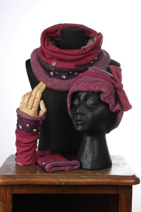 rose vioolet accesoires d'hiver Bonnet mitaines écharpes laine coton polaire boutons et dentelle chaud coloré agréable uniques ensembles 3pièces snood col