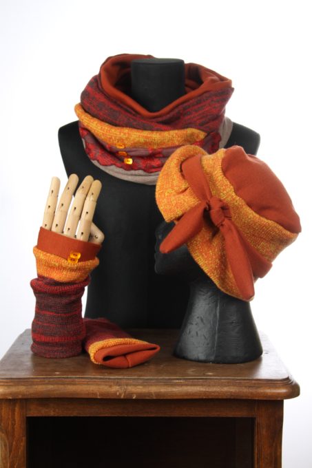 orange jaune accesoires d'hiver Bonnet mitaines écharpes laine coton polaire boutons et dentelle chaud coloré agréable uniques ensembles 3pièces snood col