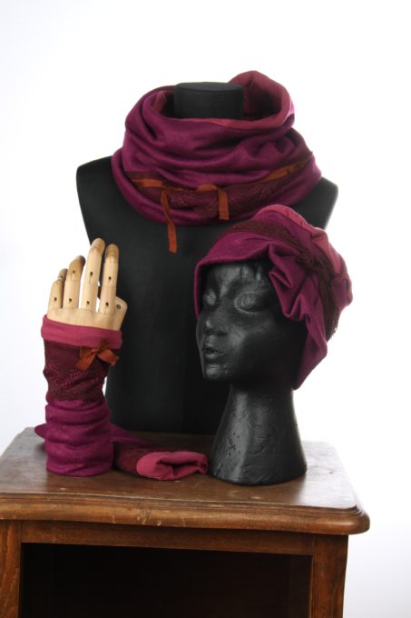 rose fushia accesoires d'hiver Bonnet mitaines écharpes laine coton polaire boutons et dentelle chaud coloré agréable uniques ensembles 3pièces snood col fushia orange