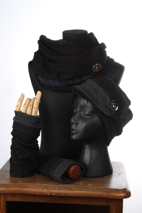 accesoires d'hiver Bonnet mitaines écharpes laine coton polaire boutons et dentelle chaud coloré agréable uniques ensnoir et gris embles 3pièces snood col