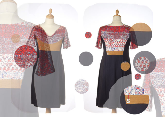 piece unique, taille S et L,manche 3/4, longeur mi genoux, touché agréable,motifes a la mode, fait main, artisanat, sur mesure, sacha leemans, collection hiver, 2016 2017 bleu, rouge, blanc, rose, effet patchwork